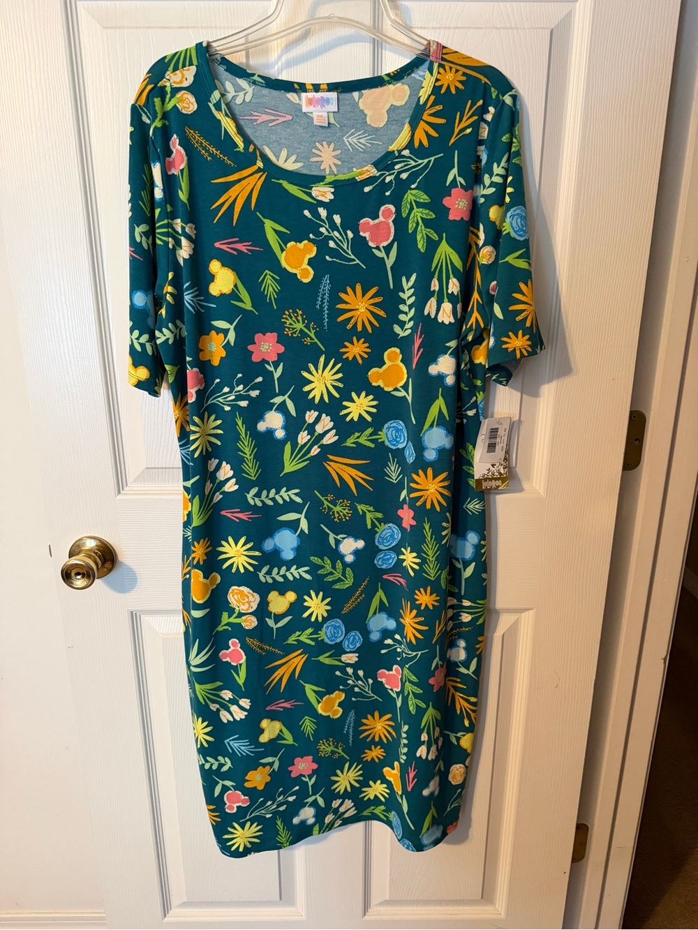 LuLaRoe Disney Teal Midi Dress with Yellow Pink Blue Floral Print